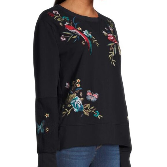 Johnny Was Gen French Terry Pullover Floral Embroidered Top Sweatshirt Black New - Picture 7 of 9